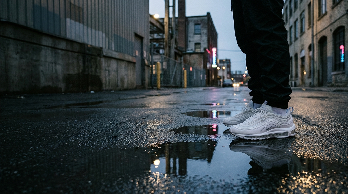 Person wearing white chunky sneakers on a wet city street at dusk